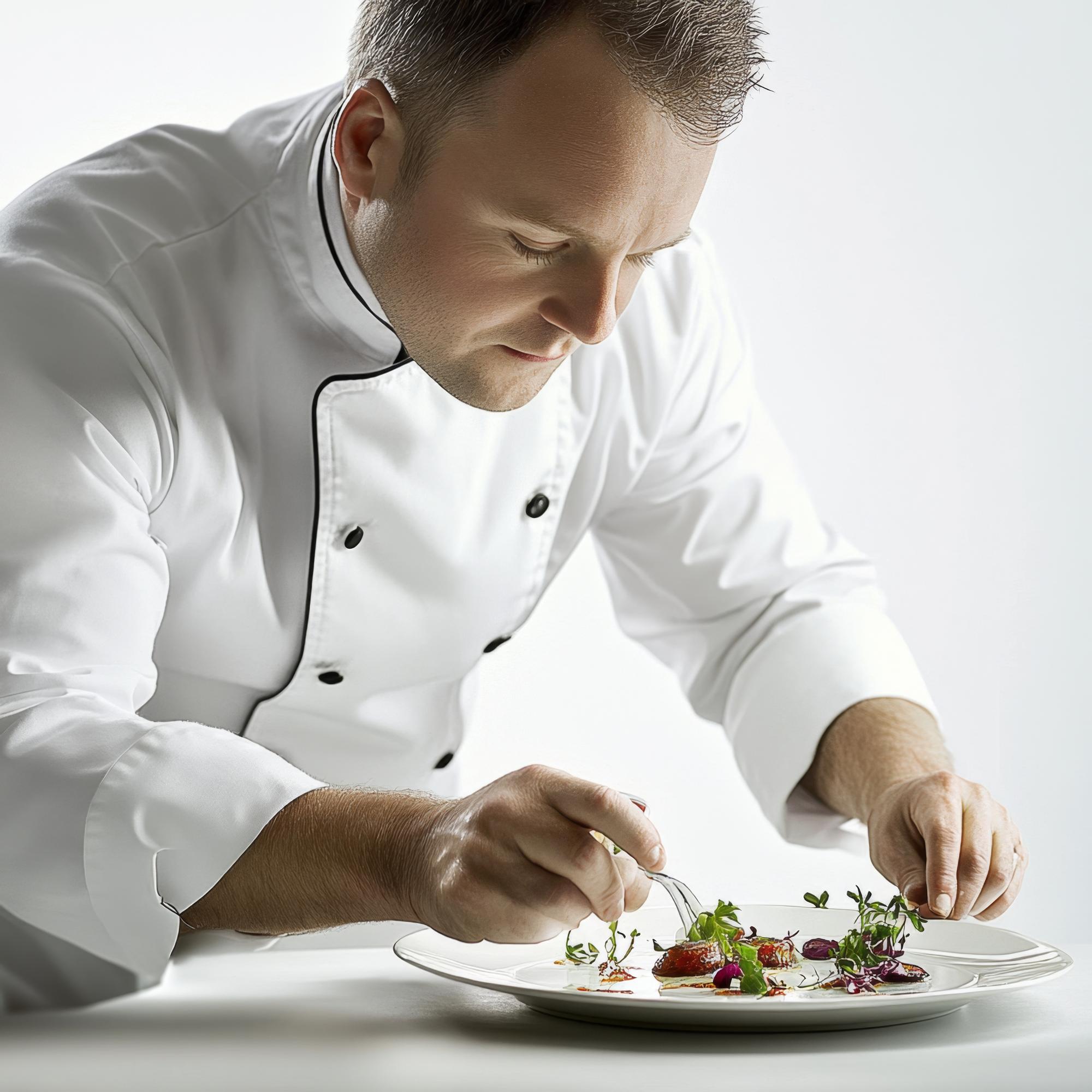 Chef plating a fine dish in elegant kitchen